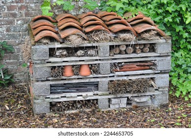 View of Outdoor 'Bug' Hotel made from Old Wooden Pallets  - Shutterstock ID 2244653705