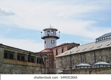 View from outside of the Eastern State Penitentiary. Historic tour. Abandoned building. Guard tower.                      