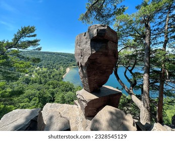 View over the balanced rock at Devils Lake, Madison, Wisconsin USA