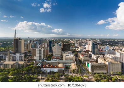 View Over City Hall And Modern Highrises And Streets In The Business District Of Nairobi, Kenya.