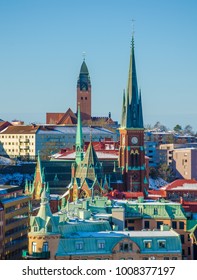 View over colorful churches and roofs of Gothenburg during Winter