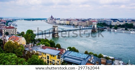 Image, Stock Photo View of Szechenyi Bridge and St. Stephen Cathedral in Budapest