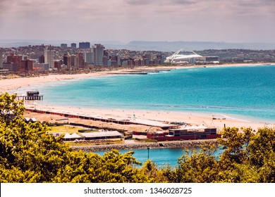 View Over Downtown Durban In South Africa With Beach, Ocean, Skyline And Soccer Stadium