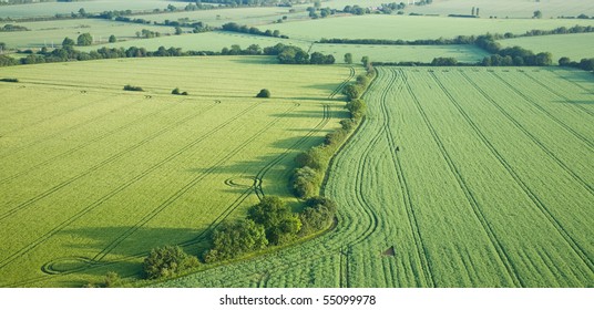 View Over The Early Summer Green Fields And A Dual Carriageway Road From The Air; East Anglia; UK; England