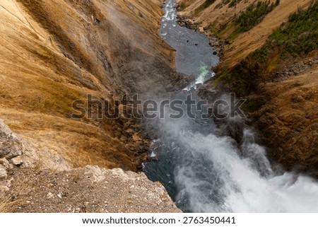 View over the falls at Brink of Lower Falls Canyon village, Yellowstone national Park