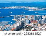 View over Gibraltar town and Spainish coast across Bay of Gibraltar, UK