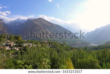 View over Karimabad and the green Hunza Valley on a summer day, Pakistan 2019