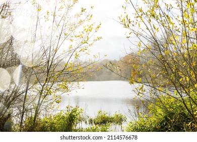 View Over A Lake With Raindrops On Camera Lense