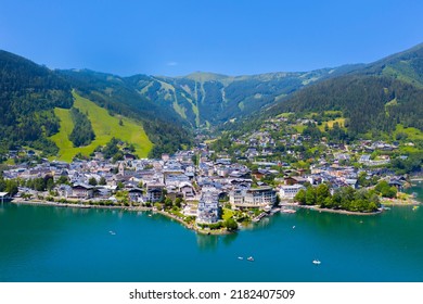 View over lake Zeller to Zell am See town. Beautiful panorama of Zell am See in Tirol Alps in Austria. - Shutterstock ID 2182407509