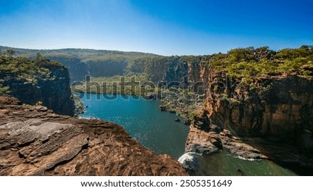 View over the last cascade of Mitchell Falls with the lower pool, Kimberleys, Western Australia