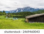 View over the Lautersee lake to the Karwendel mountains near Mittenwald, Germany.