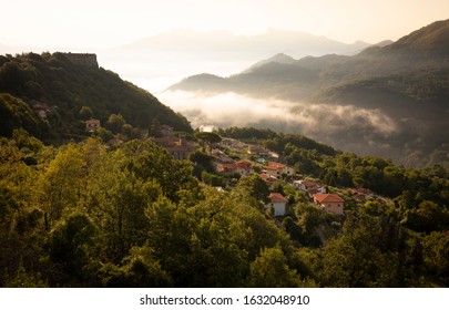 A View Over Montale Village (Aulla) At Sunrise, Province Of Massa And Carrara, Tuscany, Italy