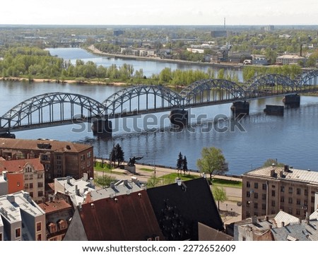 View over Old Town of Riga on Salu bridge and Daugava river