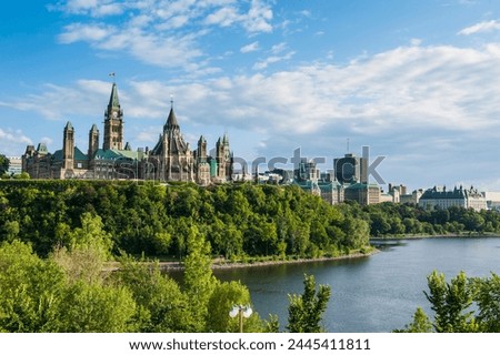 View over Ottawa with its Parliament Centre Block from Nepean Point, Ottawa Ontario, Canada, North America