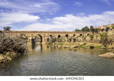 View over Oum Errabia river bridge to Kasba Tadla city in Beni-Mellal Province,Tadla-Azilal, Morocco.