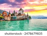 View over Palace Oberhofen, Lake Thun, Switzerland 