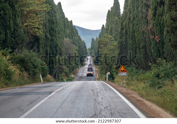 View over part of the 5 km tree-lined road with\
several cars Viale dei Cipressi (Boulevard of Cypresses) near\
Bolgheri, Italy which connects San Guide with historic centre of\
the village of Bolgheri