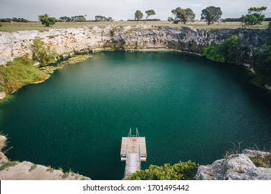 View over a pontoon platform and the Little Blue Lake near Mount Gambier in South Australia