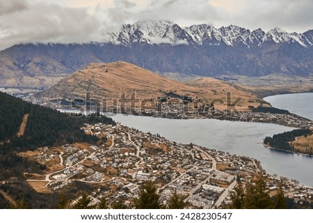 View over queenstown, lake wakatipu and the remarkables from ben's peak, queenstown, otago, south island, new zealand, pacific