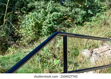 View over railing into forest. Boulders and green vegetation seen before the forest. Branches from the trees blocking a peak of blue sky. 