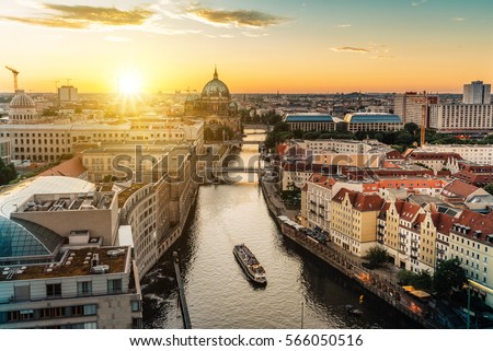 view over river on Berlin skyline with Berlin Cathedral 