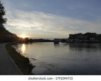 View Over The River At Sunrise Pont Saint-Bénézet In Avignon In France