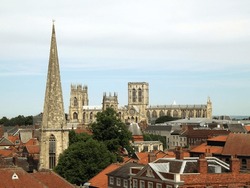 View Over The Rooftops Of The City Of York, UK.  Cathedral (York Minster) In The Distance.  May 2017.