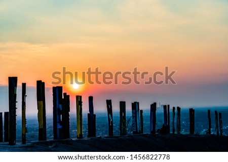 View over the Ruhr area with totem poles to Halde Haniel