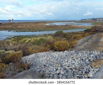 View over a the San Elijo salt water lagoon towards the Pacific Ocean in Cardiff, California.