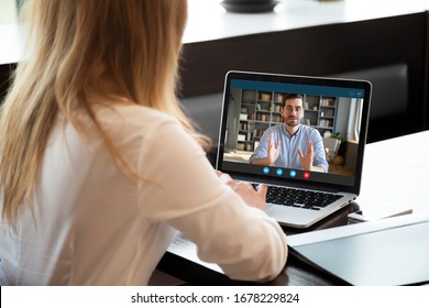 View over shoulder employer listen applicant at job interview online use cam   pc  To prevent spread corona virus covid19 infectious epidemia colleagues working distantly  self  isolation hr concept