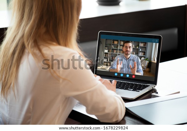 View over shoulder employer listen applicant at\
job interview online use cam and pc. To prevent spread corona virus\
covid19 infectious epidemia colleagues working distantly,\
self-isolation hr concept