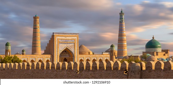 View over the skyline of the ancient city of Khiva at the sunset, Uzbekistan.