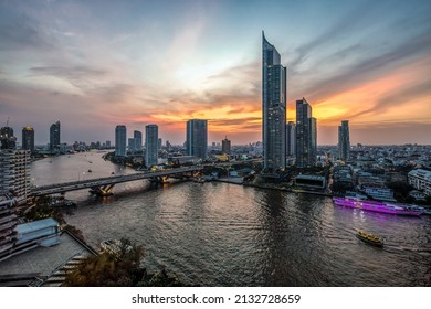view over the skyline of Bangkok at sunset light