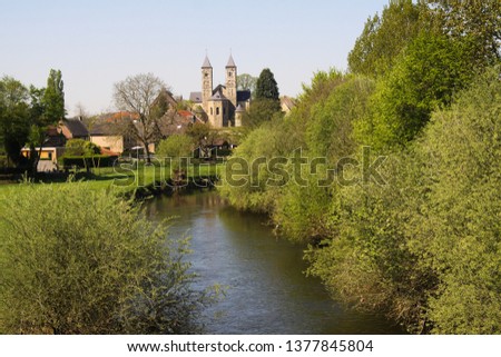 View over small river Rur on basilica of Sint Odilienberg (near Roermond) - Netherlands