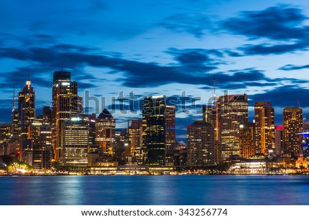 View over Sydney Business District and King Street wharf at night