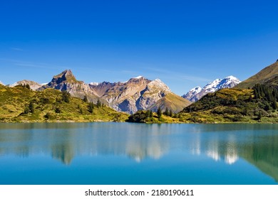 View over Truebsee mountain lake in Swiss Alps near Engelberg