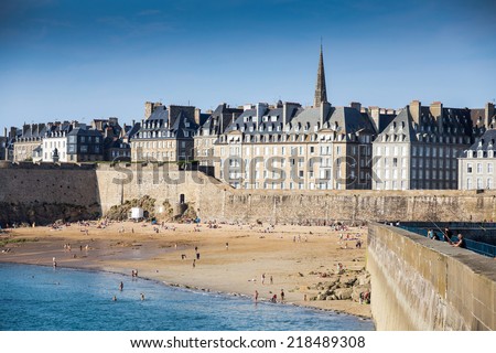 View over the walled city Saint-Malo from mole, Brittany, France
