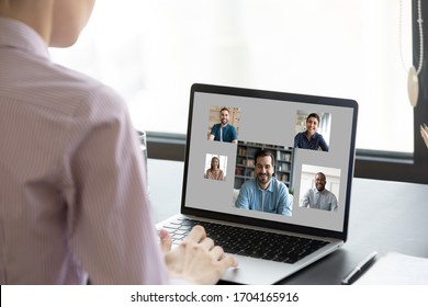 View Over Woman Shoulder Pc Screen, Diverse People Faces On Laptop Monitor. Employer Choose Vacancy Candidate After Distant Job Interview, Virtual Chat Communication, Video Call App, E-date Services