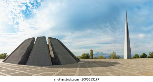 View Over Yerevan And Mount Ararat From Tsitsernakaberd, The Armenian Genocide Memorial Complex, Yerevan, Caucasus, Armenia