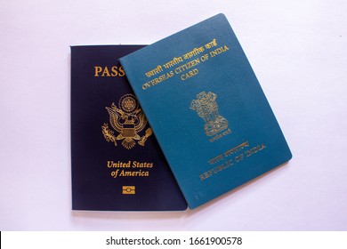 View Of Overseas Citizen Of India Card Issued To Non Resident Indians Along With US Passport. Travel Document,