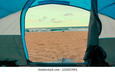 View of Pacific Ocean and Beach from Tent in Hawaii