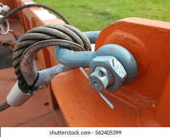 View Of Pad Eyes Attached With Shackles, Safety Pin And Sling Wire On Open Tray Basket For Offshore Loading. 