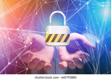 View of a Padlock security connection displayed on a futuristic interface with network around- Connection concept