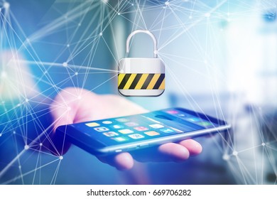 View of a Padlock security connection displayed on a futuristic interface with network around- Connection concept