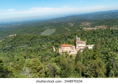 View At The Palace Of Bucaco With Garden In Portugal. Palace Was Built In Neo Manueline Style.