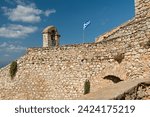 View of the Palamidi fortress that was built in 1711-1714 in Nafplio city. Nafplio is situated on the Argolic Gulf in the northeastern Peloponnese. Greece. Europe.