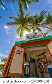 View Of Palm Tree And Beach Bar On Worthing Beach, Barbados, West Indies, Caribbean, Central America 1-11-19