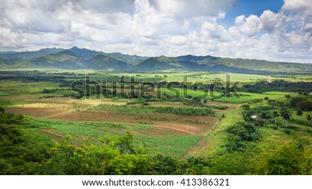 View of palm trees and fields, Valley de los Ingenios, Sancti Spiritus, Cuba. UNESCO World Heritage Site.