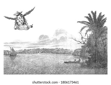 View of Paraiba, c. 1636-1644, In the air a winged banderole with the title and a coat of arms with six mountains or baskets, vintage engraving.