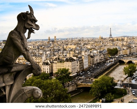 View of the Paris cityscape, including the Eiffel Tower and the River Seine, from one of the towers of Notre-Dame, with a Gargoyle in the foreground